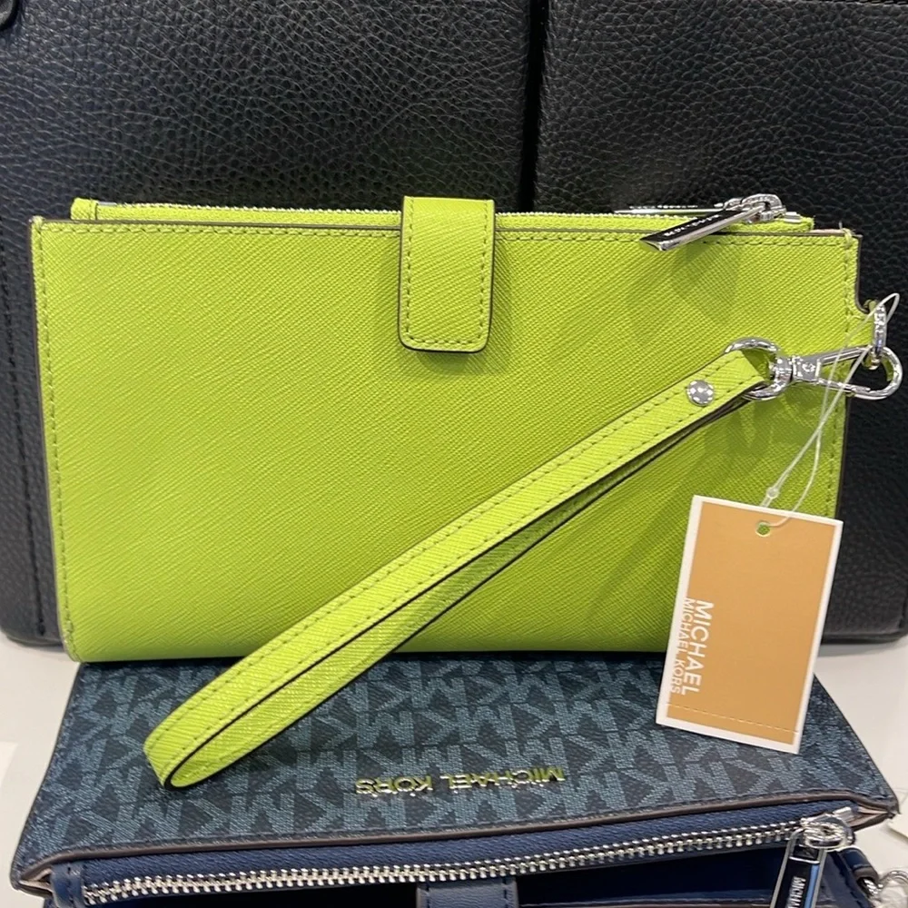 MICHAEL KORS LG DOUBLE ZIP WRISTLET Wallet Phone Case Holder Lime NWT